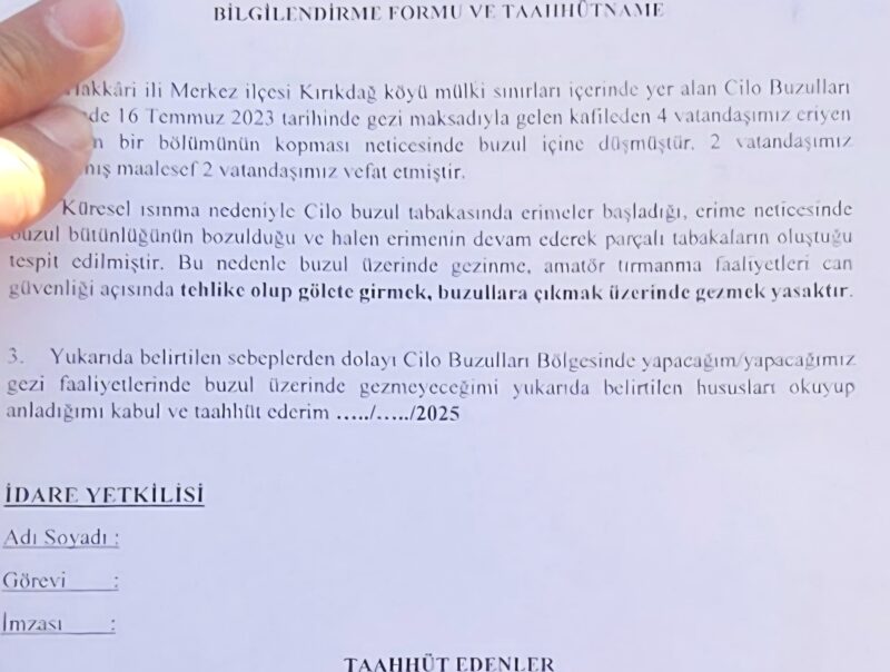 cilo Buzulları hakkında askeri bilgilendirme formu ve taahhütname